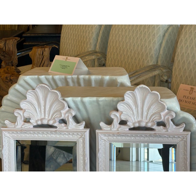 Pink Vintage Pair Light Pink Lacquered Palm Beach Scalloped Shell Wall Mirrors For Sale - Image 8 of 12