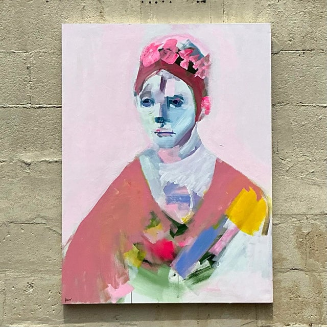 This vintage Boho abstract figural painting on canvas exudes a soft yet striking presence. Featuring a delicate portrayal...