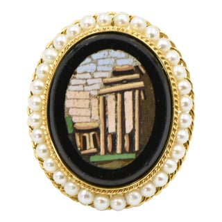 Antique Micromosaic Roman Architecture Scene Pearl and Gold Ring size 6 For Sale