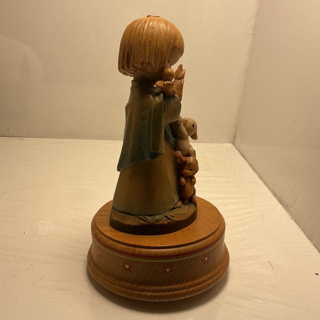 Children's 1970s Anri Ferrandiz Hand Carved Figurine Music Box Talking to the Animals Vintage Wooden Sculpture Collectible For Sale - Image 3 of 7