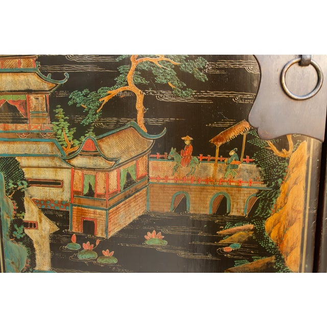 Antique Chinese Black Lacquer Armoire W/Painted Landscape For Sale - Image 11 of 12