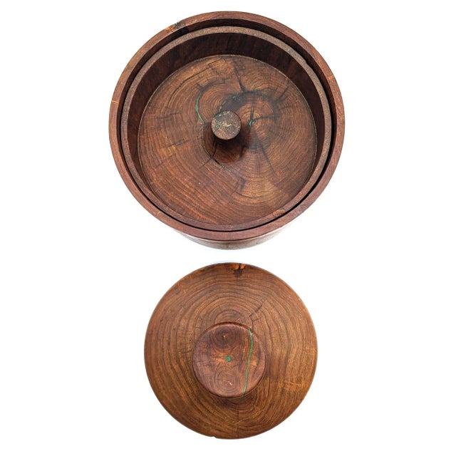 Wood Late 20th Century Joe P Heil Carved and Lathed Mesquite Wood and Malachite Inlay Treenware Lidded Vessel For Sale - Image 7 of 12