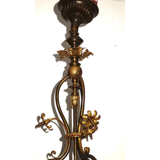 Antique French Art Nouveau Brass and Glass 4-Light Chandelier, 1940s For Sale - Image 6 of 13