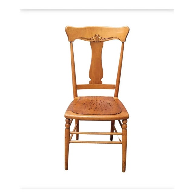 Wood Antique New England T-Back Punch Holes Seat Maple Chair, 1860s For Sale - Image 7 of 12