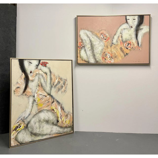 Mid-Century Modern Figurative Painting of a Scantily Clad Oriental Woman in a seductive pose. One of a compatiable pair of...