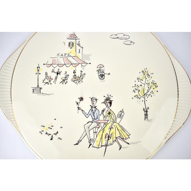 Mid 20th Century Mid Century Grünstadt Germany Pottery Ceramic Cake Plate "Café de Paris" Vintage 1950s Platter Creme Off white Ivory Gold Rim | French For Sale - Image 5 of 12