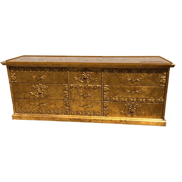 1960s Hollywood Regency Custom Made Gilt Oak Style 9 Drawer Chest