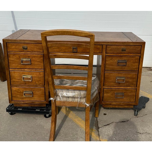 1980s Drexel Heritage Woodbriar Collection Campaign 7 Drawer Desk & Chair For Sale - Image 9 of 16