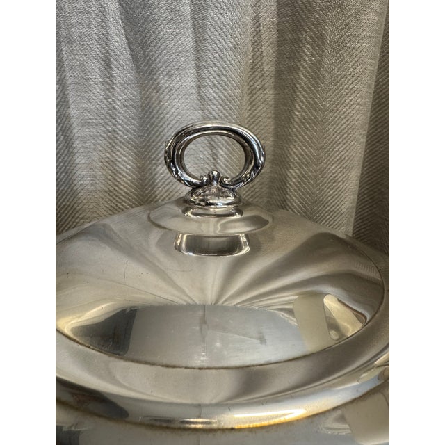 Stunning English Regency style silver plated footed serving bowl with lid and glass liner bowl.
