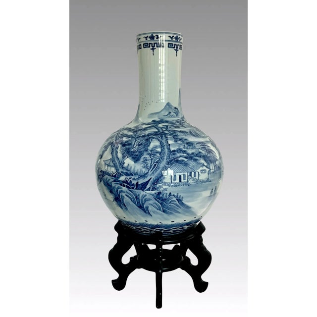 Magnificent Chinese hand painted blue and white globular white porcelain floor vase with a wrap around landscape scene -...