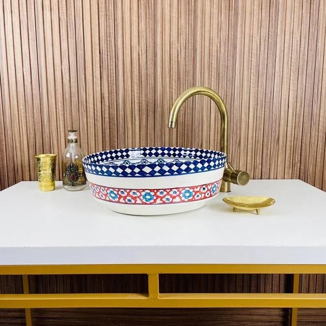 Moroccan Moroccan Ceramic Hand Painted Blue Ceramic Top Sink for Bathroom For Sale - Image 3 of 7