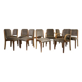 Art Deco Seating Set with Chairs and Armchairs in Grey Velvet, France, 1925, Set of 10 For Sale