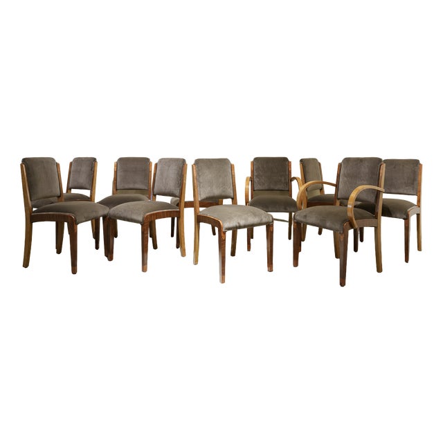 Art Deco Seating Set with Chairs and Armchairs in Grey Velvet, France, 1925, Set of 10 For Sale