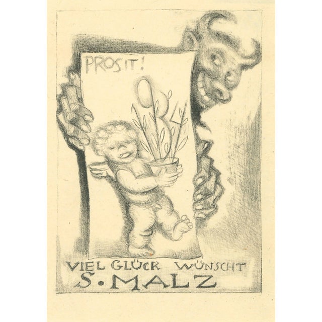 Ex Libris Good Luck Etching by Michel Fingesten, 1930s For Sale