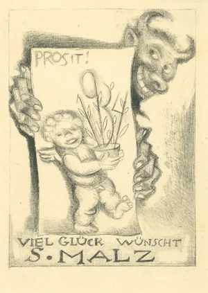 Ex Libris Good Luck Etching by Michel Fingesten, 1930s