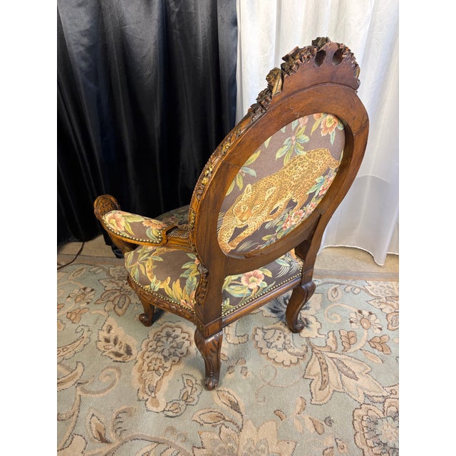 Late 20th Century Ornate French Transitional Style Carved Ram's Head Armchair in Leopard Tapestry For Sale - Image 9 of 13