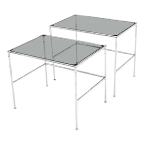 Pair of Chrome Faux Bamboo Smoked Glass Tops Nesting Tables