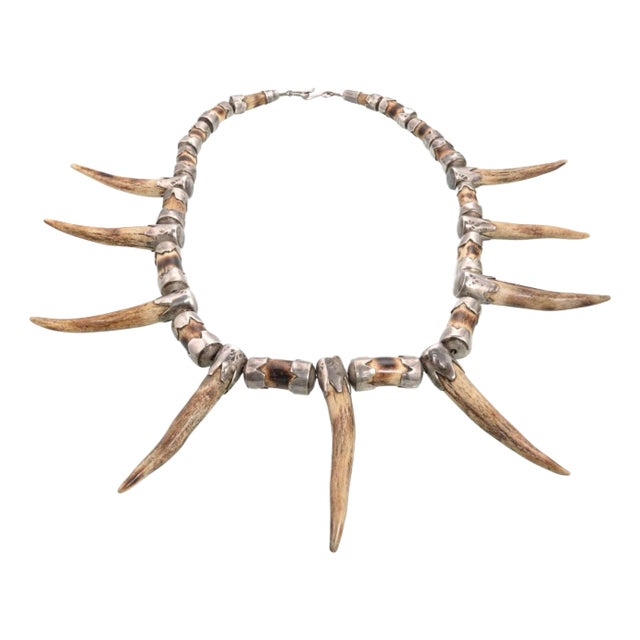 Early Native American Sterling and Deer Antler Necklace For Sale