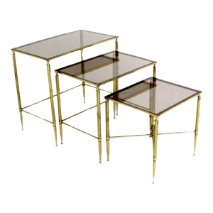 Solid Brass Smoked Glass Set of Three Nesting Stacking Side Occasional Tables - Set of 3