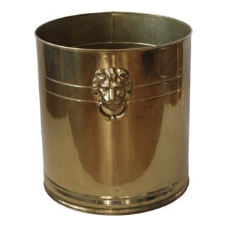 Vintage Mid Century Hollywood Regency Extra Large English Drum Style Brass Planter With Lion Head Hoop Handles For Sale