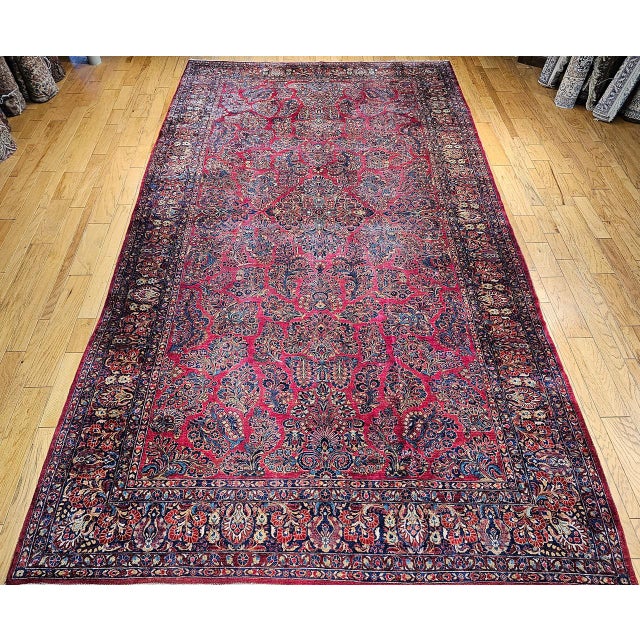 Antique Oversized Persian Sarouk Area Rug, Hand-Knotted Wool, Allover Floral Pattern, 10x18, Red & Navy For Sale - Image 10 of 18