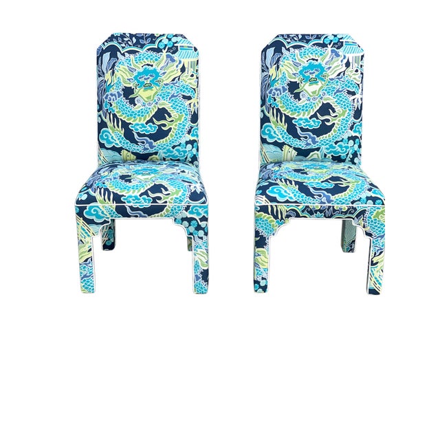 Pair MCM CasaBique Ming Armchairs in Thibaut “Imperial Dragon” For Sale - Image 12 of 18