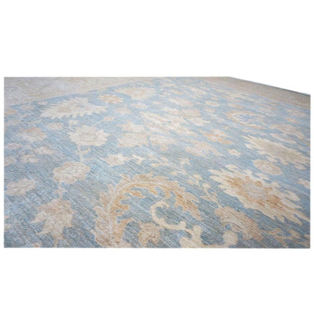 Blue Afghan Oushak Wool 12x15 Blue & Ivory Handmade Area Rug #1142741 For Sale - Image 8 of 11