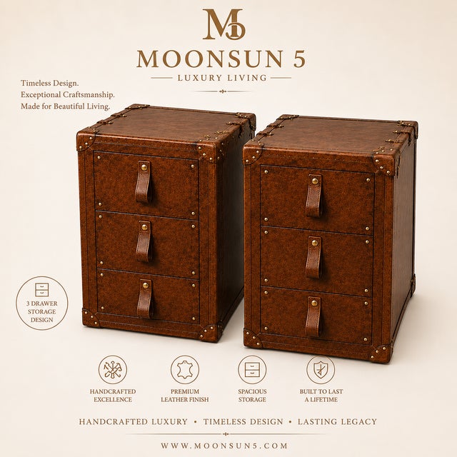 Animal Skin Luxury Leather Dark Brown Nightstand Pair, Handmade Vintage Style Trunk Bedside Tables, Leather 3 Drawer Cabinet, Brass Studded Bedroom Storage For Sale - Image 7 of 15