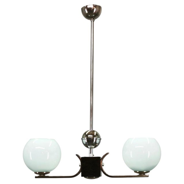 Art Deco Chrome and Opaline Glass Chandelier, Former Czechoslovakia, 1930s For Sale - Image 12 of 12