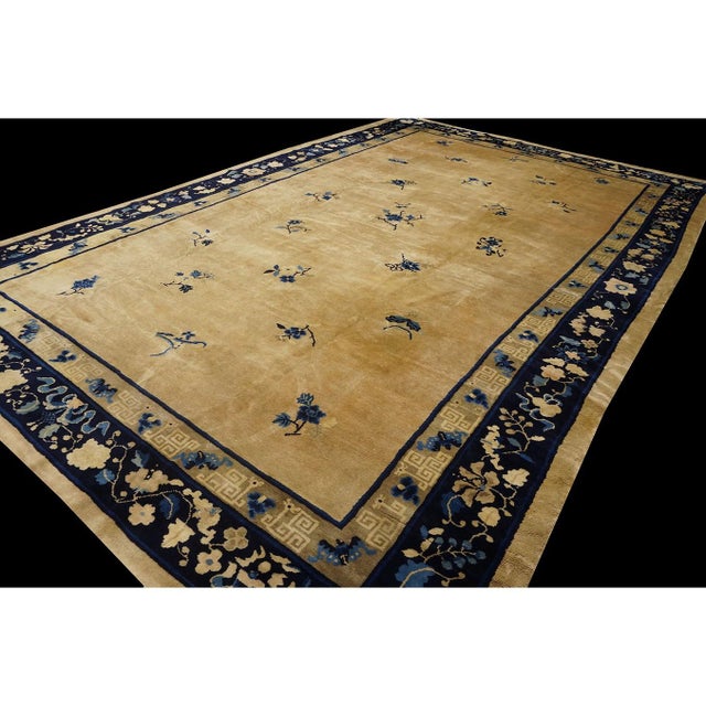 Chinese 1920s Beige Floral Deco Classic Antique Chinese Peking Carpet 8'10'' X 14' Rug For Sale - Image 3 of 9