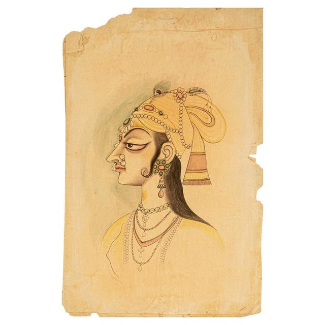 Paper Indian Mughal School, Portrait Miniature of a Princess, 18th Century, Gouache For Sale - Image 7 of 7