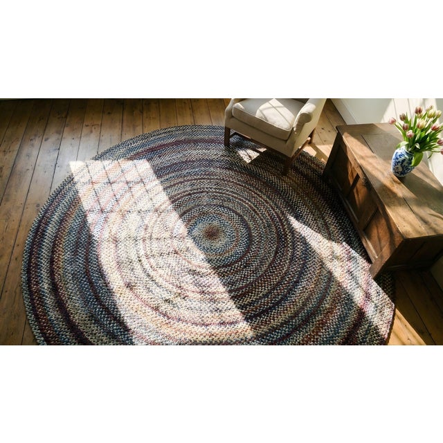 Cute Multi Color Background Wtih Folk Art Styles Round Antique American Braided Rug For Sale - Image 13 of 15