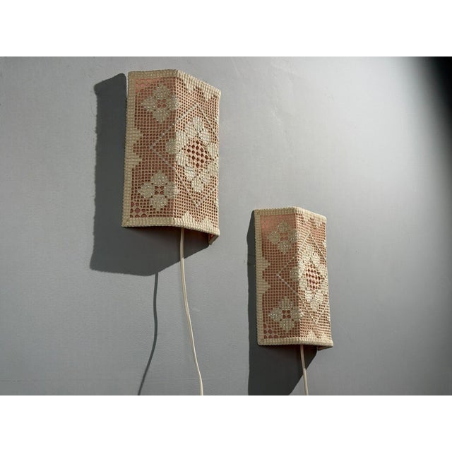 Swedish Modern, Wall Sconces, Pink and White Crocheted Fabric, Sweden, 1970s For Sale - Image 4 of 8