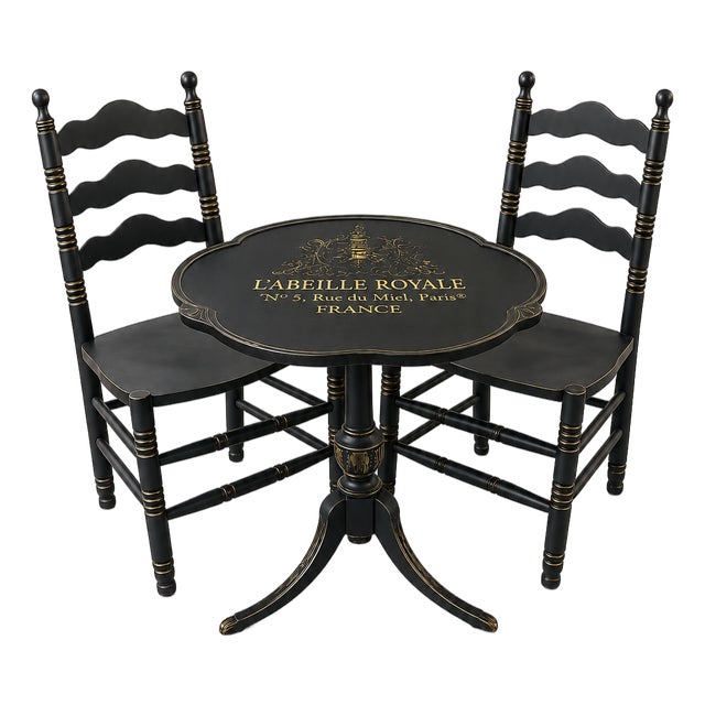 1950s French Country Black Bistro Set With Vintage Mersman Scalloped Table For Sale