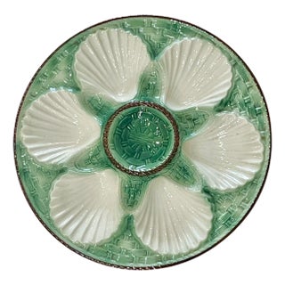 Vintage French Green and White Ceramic Oyster Plate For Sale