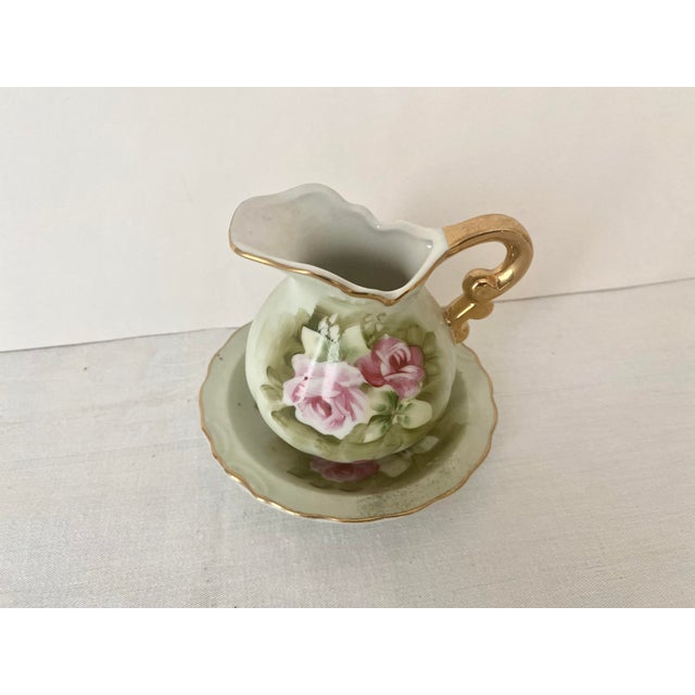 Green Mid 20th Century Lefton China "Heritage Green Rose" Mini Pitcher and Bowl/Saucer Set For Sale - Image 8 of 10