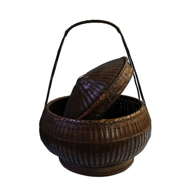 Asian Antique Oriental Handmade Brown Rattan Basket With Long Handle For Sale - Image 3 of 6