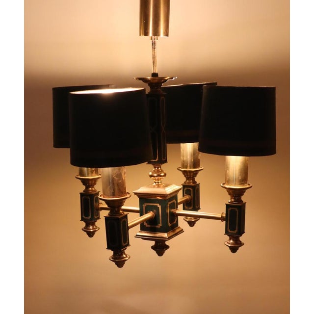 1960s Empire Dark Green Leather and Brass Four-Arm Chandelier, France, 1960s For Sale - Image 5 of 18