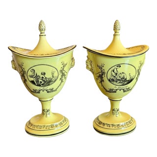 Vintage Mottahedeh Creil Style Chestnut Urns Pair-Yellow Black-Italy-Neoclassic For Sale