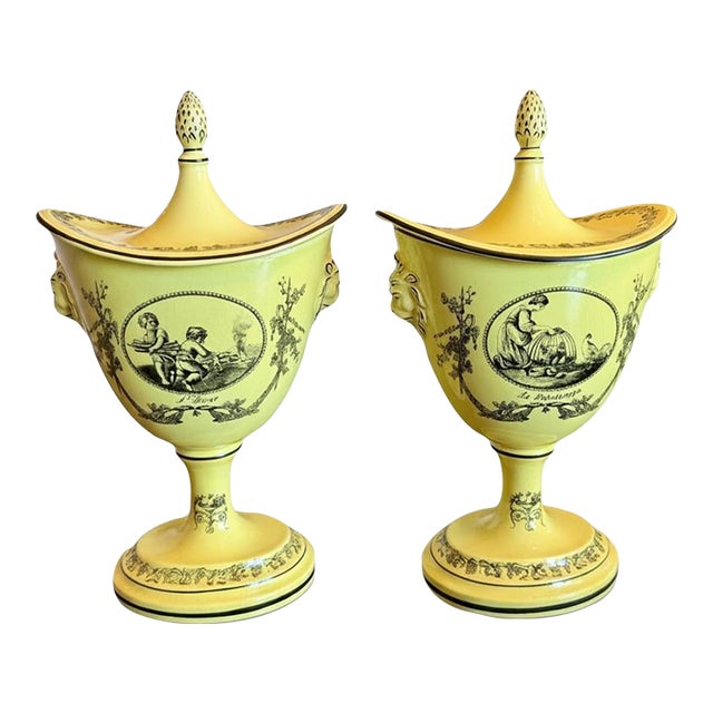 Vintage Mottahedeh Creil Style Chestnut Urns Pair-Yellow Black-Italy-Neoclassic For Sale