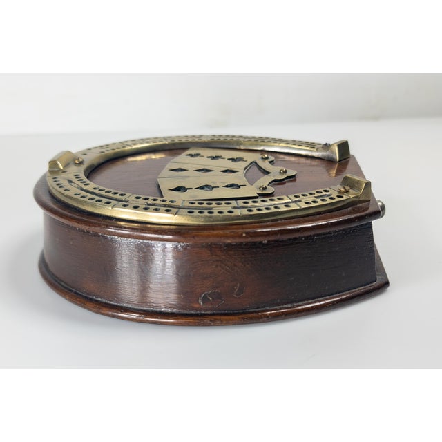 Wood Mid-Century English Oak and Brass Cribbage Playing Card Box With Horseshoe For Sale - Image 7 of 10