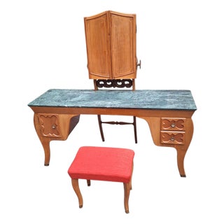 Vintage Mirrored Dressing Table with Marble Top and Stool by Mario Cereghini, 1940s, Set of 2 For Sale