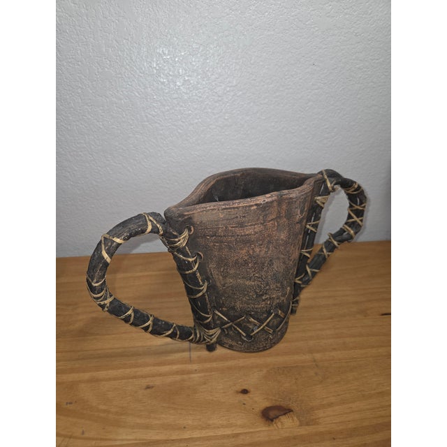 Handcrafted Primitive Clay Vessel With Wrapped Vine Handles, Rustic Folk Art Sculptural Vase For Sale In Phoenix - Image 6 of 12