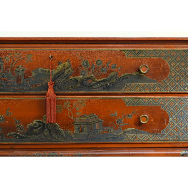 Large Chest with Hand-Painted Red, Gold and Bronze Chinoiserie Motif, Sweden, 1920s For Sale - Image 4 of 7