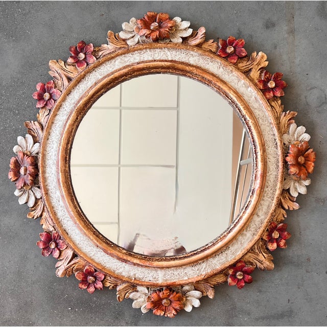 French Wall Mirror in Polychrome Wood with Flowers in relief, 1960s Dimensions: Height: 1.58 in (4 cm)Diameter: 23.63 in...