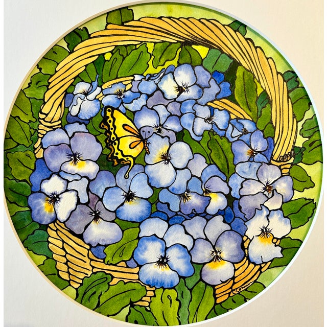 Giclee print of “Basket of Violas” watercolor painting ink and Wash. Approximately 16 x 16 inches square. The image...