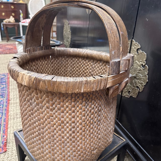 Wood Antique Chinese Woven Bent Handled Fishing Basket For Sale - Image 7 of 9