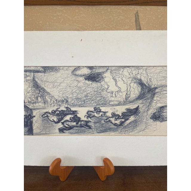 1970s Vintage Signed Abstract Ink Drawing of Horse Race For Sale - Image 5 of 10