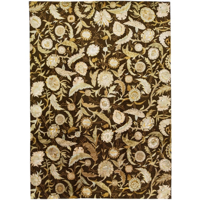 Textile 2010s Brown Modern Ikat Handmade Floral Pattern Designed Wool Rug For Sale - Image 7 of 7