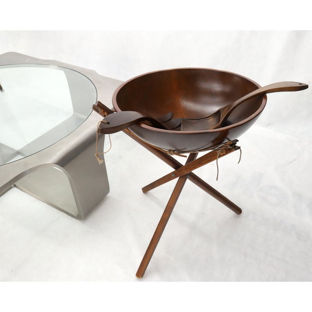 Mid-Century Modern Extra Large Turned Teak Wood Salad Bowl on Tripod Stand For Sale - Image 3 of 10